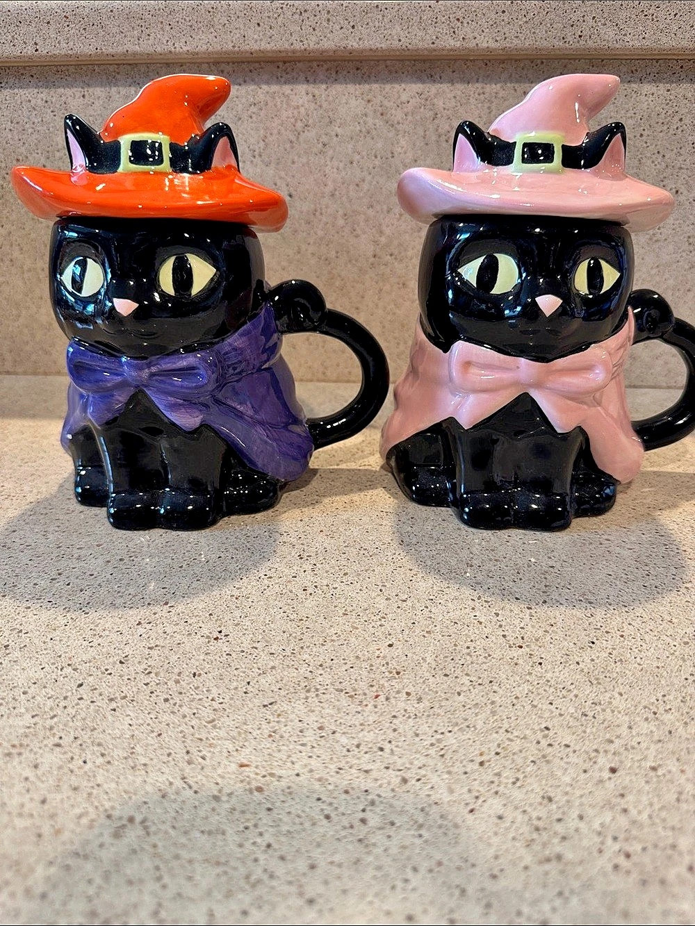Jack O’ Lantern Lane Halloween Witch Cat Mugs Set of 2 Orange and Pink